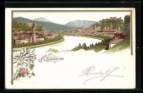 Lithographie Salzburg, Flusspartie mit Kirche