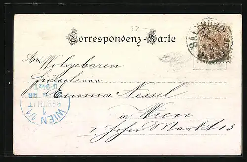 Lithographie Salzburg, Flusspartie mit Kirche