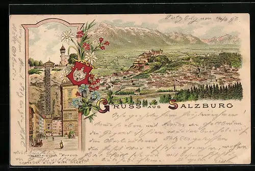 Lithographie Salzburg, Elektrischer Aufzug, Ortsansicht mit Bergen