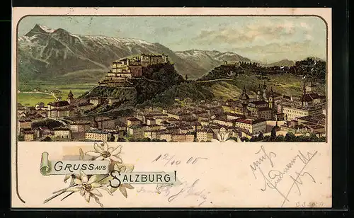 Lithographie Salzburg, Ortsansicht aus der Vogelschau