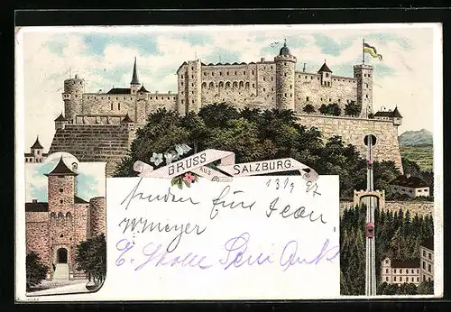 Lithographie Salzburg, Blick auf die Burg