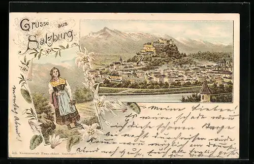 Vorläufer-Lithographie Salzburg, 1893, Ortsansicht aus der Vogelschau