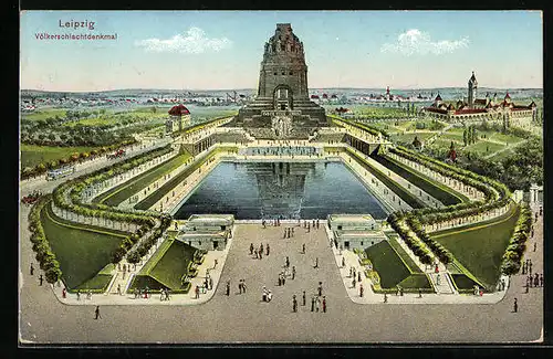 AK Leipzig, Völkerschlachtdenkmal, Gesamtansicht von oben mit Stadtblick