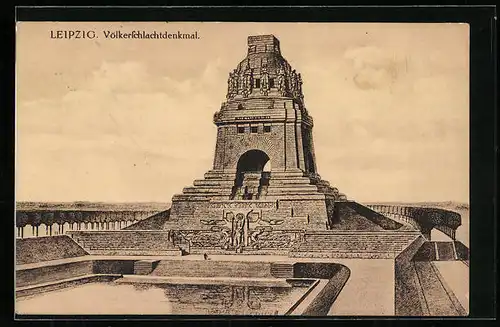 AK Leipzig, Völkerschlachtdenkmal mit Wasserbassin und Allee