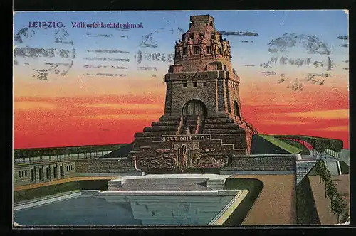 AK Leipzig, Völkerschlachtdenkmal in Abenddämmerung