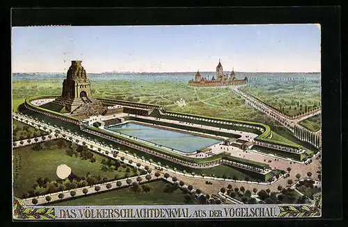 AK Leipzig, Völkerschlachtdenkmal aus der Vogelschau