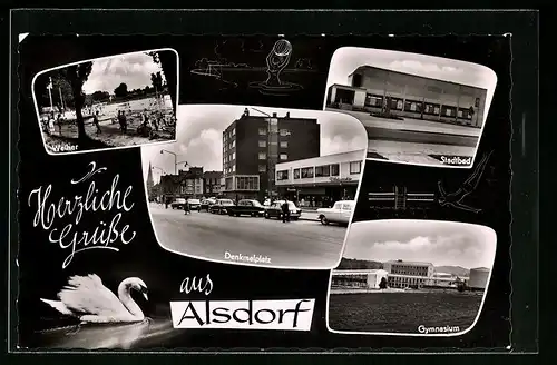 AK Alsdorf, Denkmalplatz, Gymnasium, Stadtbad