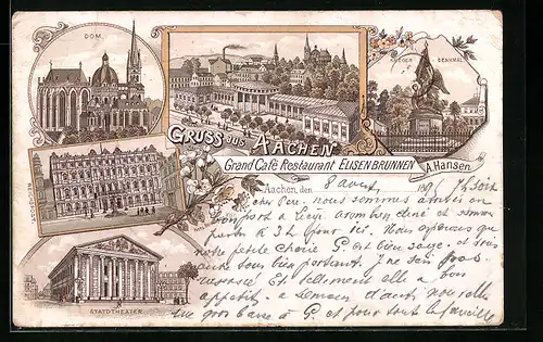 Vorläufer-Lithographie Aachen, 1895, Grand Café Restaurant Elisen Brunnen, Krieger-Denkmal, Dom, Stadttheater