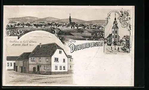 Lithographie Diedenbergen, Gasthaus zum Goldenen Stern, Kirche und Schule