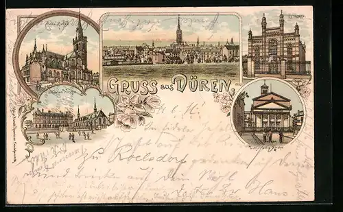 Lithographie Düren, Anna Kirche, Synagoge, Marien Kirche, Lutherische Kirche