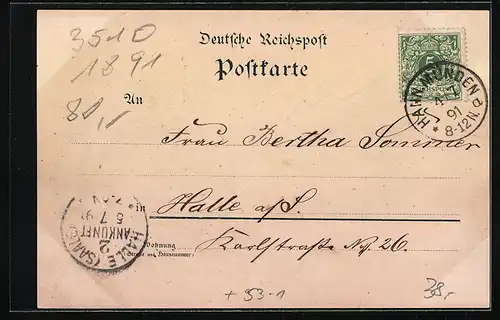 Vorläufer-Lithographie Hann. Münden, Hotel und Pension Andree`s Berg, Restaurant und Café Bode 1891
