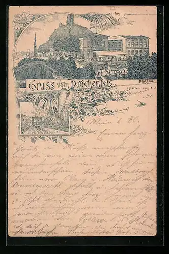 Vorläufer-Lithographie Drachenfels, Plateau mit Drachenfels 1891