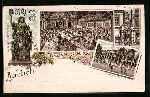 Lithographie Aachen, Elisenbrunnen, Germania-Restaurant, Eingang und Saal