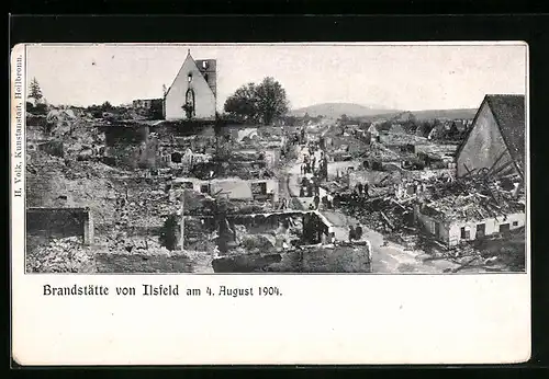 AK Ilsfeld, Strassenpartie mit zerstörten Gebäuden nach dem Brand 1904