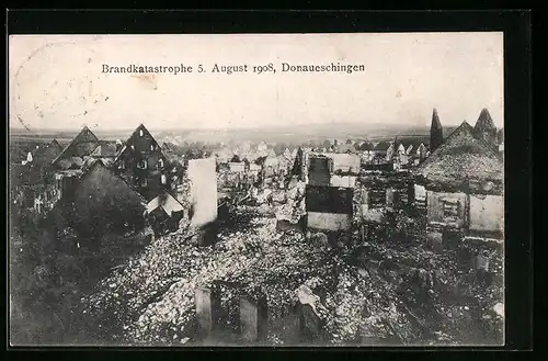 AK Donaueschingen, Vom Brand 1908 zerstörte Häuser aus der Vogelschau