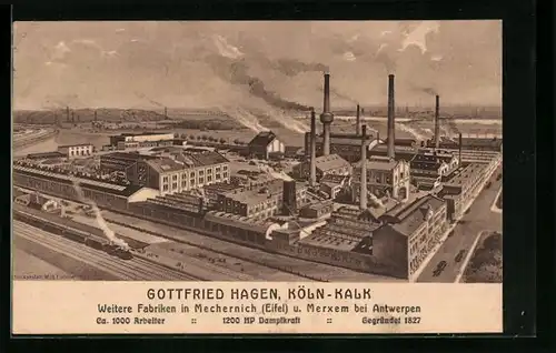 AK Köln-Kalk, Fabrik Gottfried Hagen mit Eisenbahn und Umgebung aus der Vogelschau