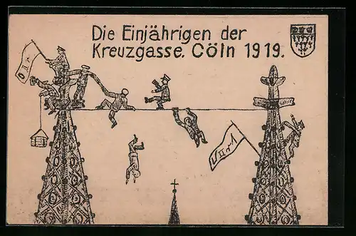 Künstler-AK Cöln, Die Einjährigen der Kreuzgasse 1919, Balanceakt zwischen den Dom-Türmen, Wappen