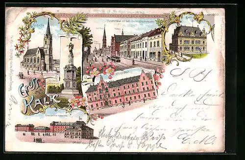 Lithographie Köln-Kalk, Hauptstrasse, Post, Kronprinz-Kaserne