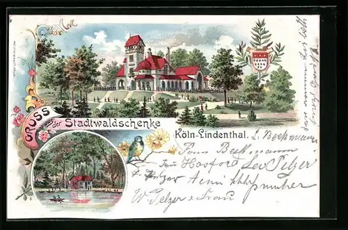 Lithographie Köln-Lindenthal, Gasthaus Stadtwaldschenke mit Anlagen, Wappen