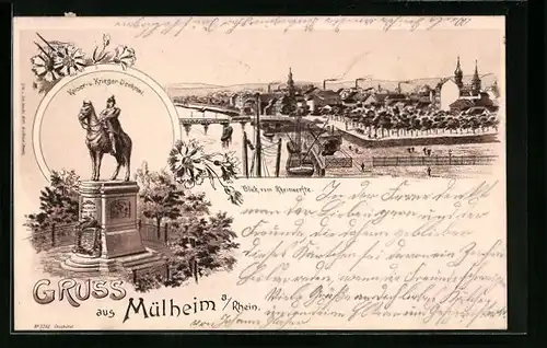 Lithographie Mülheim /Rh., Blick vom Rheinwerfte, Kaiser- und Krieger-Denkmal