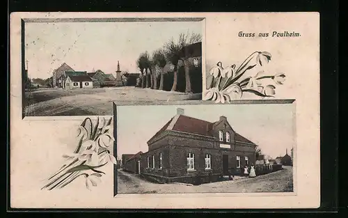 AK Poulheim, Strassenpartie mit Obelisken-Denkmal, Backsteinhaus an einer Strassenecke