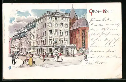 Künstler-AK Köln, Hotel Ewige Lampe & de l`Europe mit Kirche, Strassenansicht mit Passanten