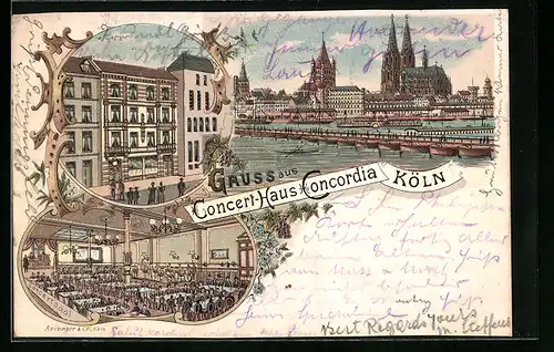 Lithographie Köln-Neustadt, Stadtpanorama, Gasthaus Concert-Haus Concordia mit Saal