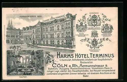 Künstler-AK Cöln /Rh., Harms Hotel Terminus in der Hermannstrasse 9 mit Garten, Hoflieferanten-Wappen