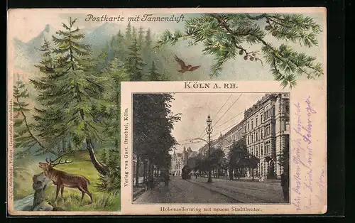 Passepartout-Lithographie Köln-Neustadt, Hohenzollernring mit neuem Stadttheater, Röhrender Hirsch