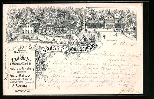 Lithographie Aachen, Gasthaus Waldschenke und Restaurant zur Karlshöhe J. Cormann