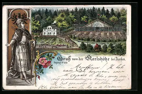 Lithographie Aachen, Gasthaus Karlshöhe mit Garten aus der Vogelschau, Karl der Grosse