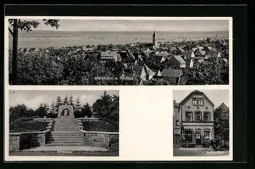 AK Marxheim am Taunus, Ortsansicht aus der Vogelschau, Ehrenmal, Kolonialwaren Martin Kaus