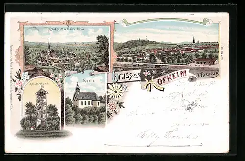 Lithographie Hofheim /Taunus, Ortsansicht im Jahr 1643, Ortsansicht mit Bahnhof, Meisterthurm