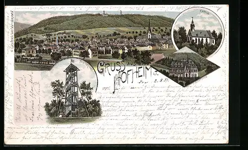 Lithographie Hofheim /Taunus, Gesamtansicht, Meisterthurm, Kapelle