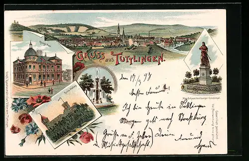 Lithographie Tuttlingen, Gesamtansicht mit Umgebung, Post, Ruine Honberg