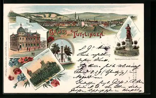 Lithographie Tuttlingen, Königliche Post, Ruine Honberg, Max Schneckenburger-Denkmal