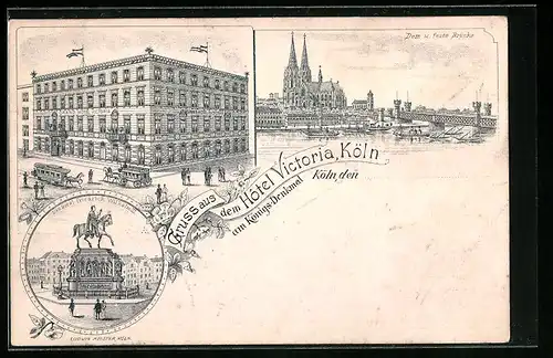 Künstler-AK Köln, Hotel Kaiser Friedrich, Dom und feste Brücke, Barbarossa-Brunnen