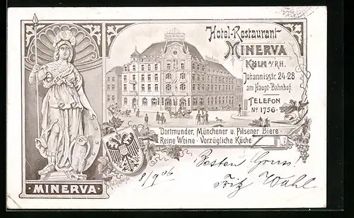 Lithographie Köln a. Rh., Hotel-Restaurant Minerva, Johannisstrasse 24-28