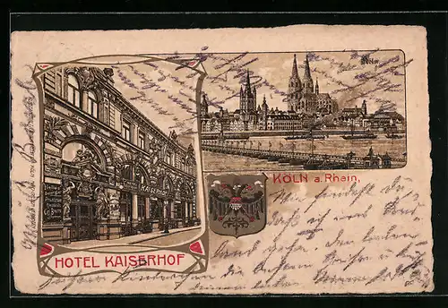 Künstler-AK Köln a. Rhein, Hotel Kaiserhof, Uferpartie mit Dom