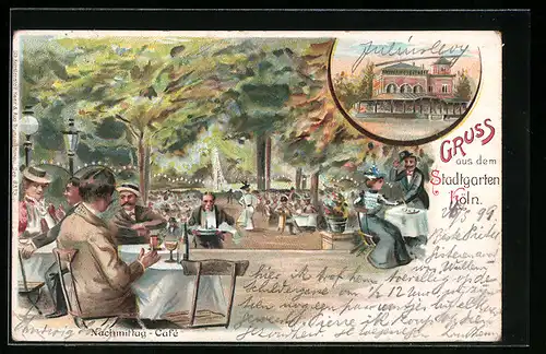 Lithographie Köln-Neustadt, Gasthaus Stadtgarten, Garten am Nachmittag