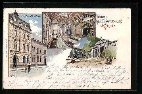 Lithographie Köln, Gesellschaftshaus Erholung, Inneres Saal, Garten