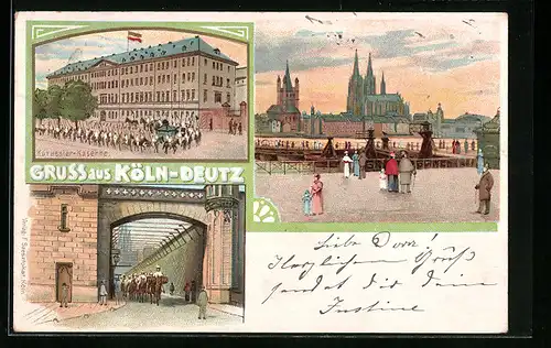 Lithographie Köln-Deutz, Kürassier-Kaserne, Soldaten zu Pferde, Ortspartie mit Dom