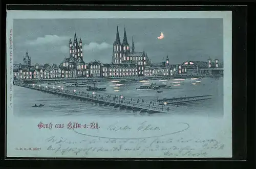 Mondschein-Lithographie Köln a. Rh., Uferpartie mit Dom, Halt gegen das Licht