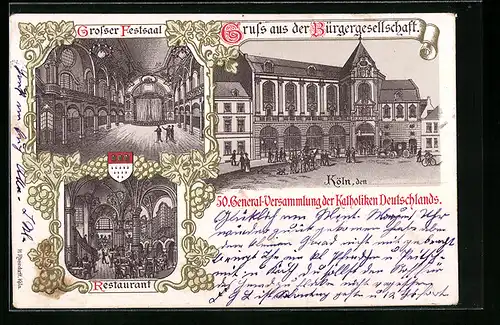 Lithographie Köln, 50. General-Versammlung der Katholiken Deutschlands, Bürgergesellschaft, Innenansicht Restaurant