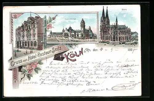 Lithographie Köln a. Rh., Hotel-Restaurant Stolz, Hauptbahnhof, Dom