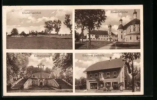 AK Kloster Lechfeld, Kaufhaus Frühholz, Kloster-Kirche, Kalvarienberg