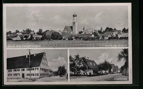 AK Langerringen, Gasthaus, Hauptstrasse, Ansicht mit Kirche von Westen