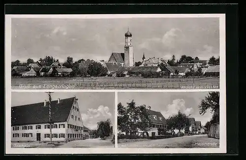 AK Langerringen, Gasthaus, Hauptstrasse, Ansicht mit Kirche von Westen