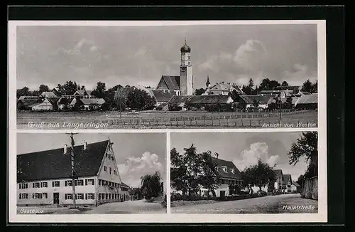 AK Langerringen, Gasthaus, Hauptstrasse, Ansicht mit Kirche von Westen