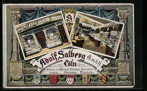 AK Köln, Geschäft Adolf Salberg G. m. B. H., Innenansicht, Filialen in Brüssel, München, Antwerpen, Nürnberg
